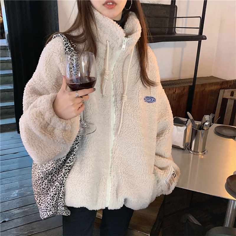 

Lucyever Korean Style Lazy Faux Lamb Coats Women 2020 Stand Collar Candy Color Sweet Clothes Femme All Match Cotton Padded Lady