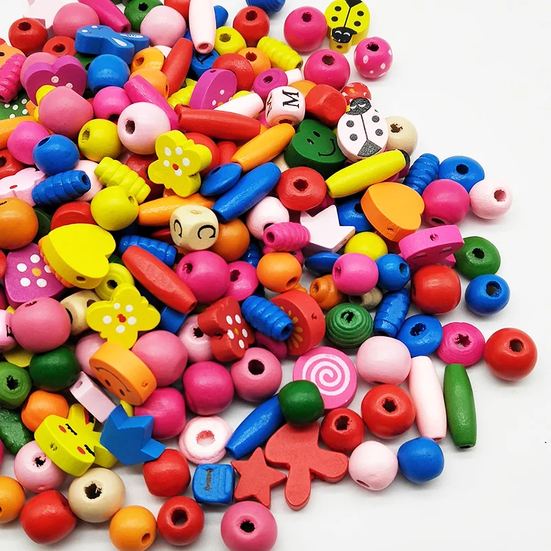 

1 box Colorful Wooden Beads Random Mixed Pattern Spacer Beads Elastic Cord For Kids Children Creative DIY Jewelry Making