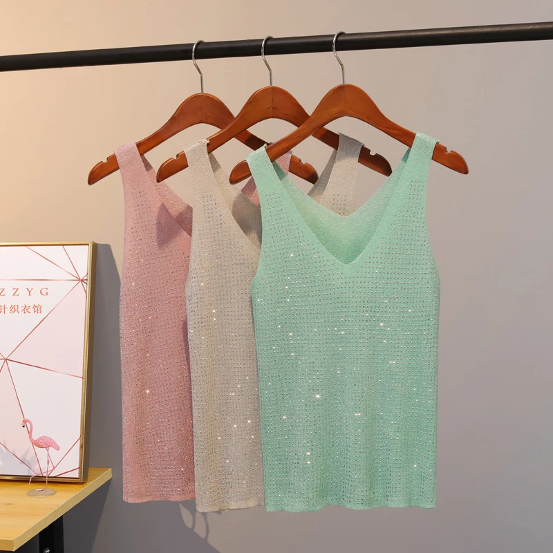 Топ женский трикотажный в Корейском стиле блестящий топ с люрексом майка без