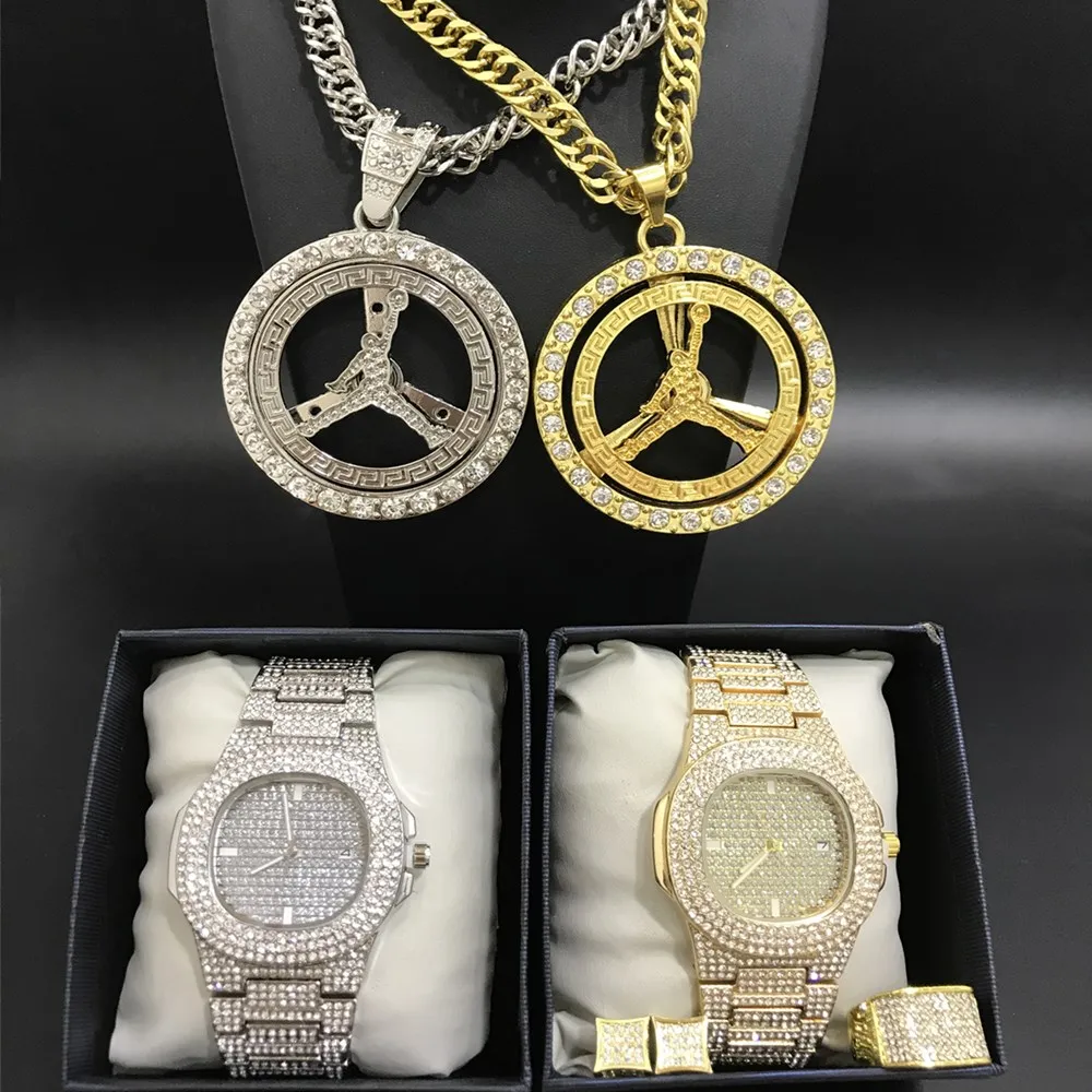 

Мужское ожерелье в стиле хип-хоп золотистого и серебряного цвета, Роскошные мужские часы, ожерелье, кольцо и серьги, комбинированный набор, ...