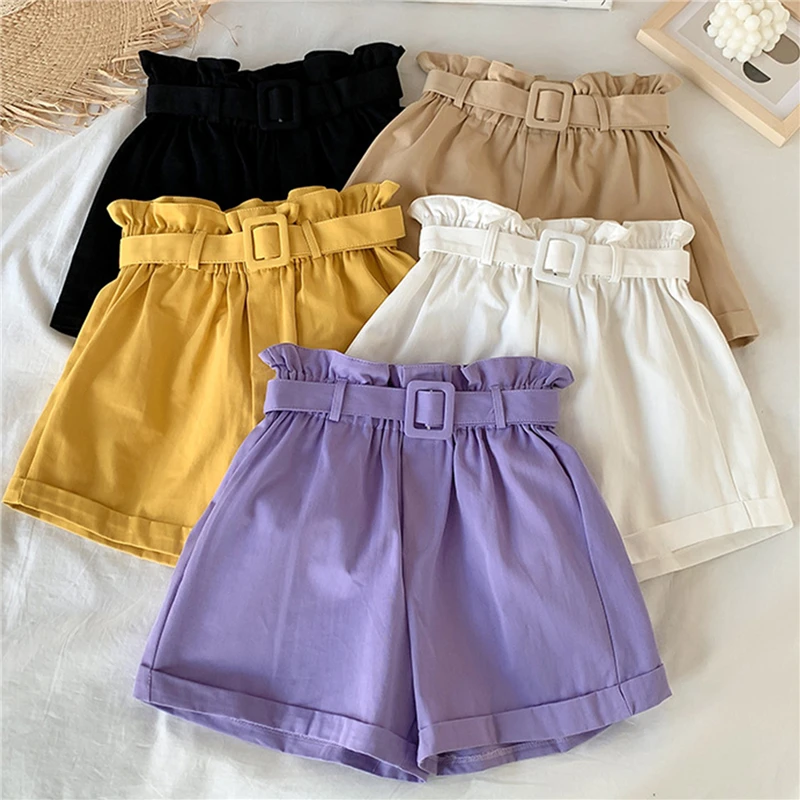 

2022 Summer Womens New Elegant Cotton Shorts Wild Leisure Bead Bud Wide Leg Shorts High Waist Slimming Shorts With A Belt