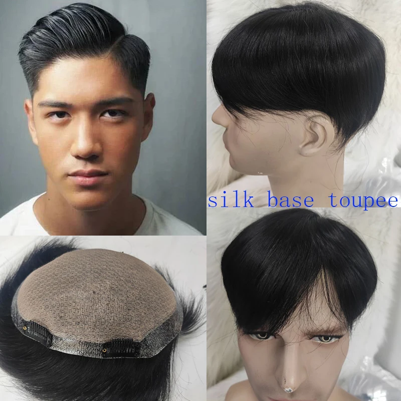 

PU Silk Base Toupee Human Hair Toupee For Men Hairpieces Men Fashion Wigs Size 18*22cm Natural Hairline Clip in Crown 1B Color