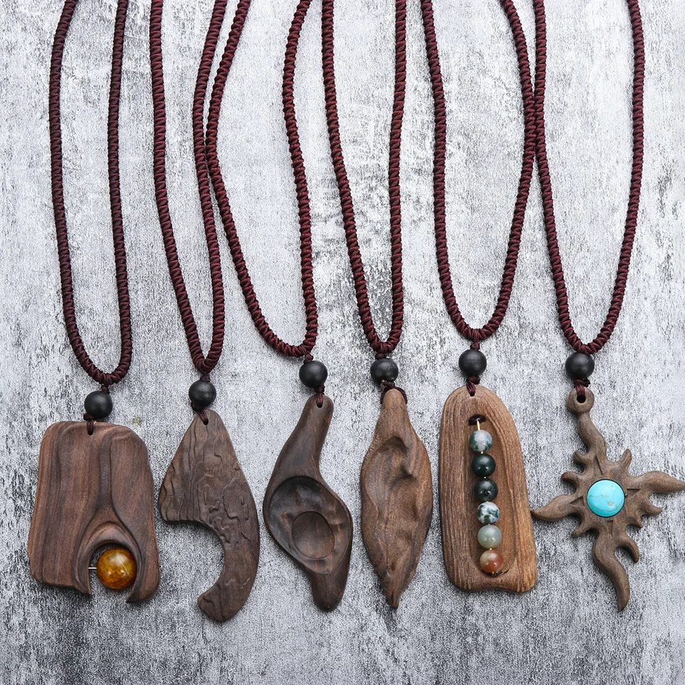 Модное ожерелье из сандалового дерева с подвеской натурального камня в