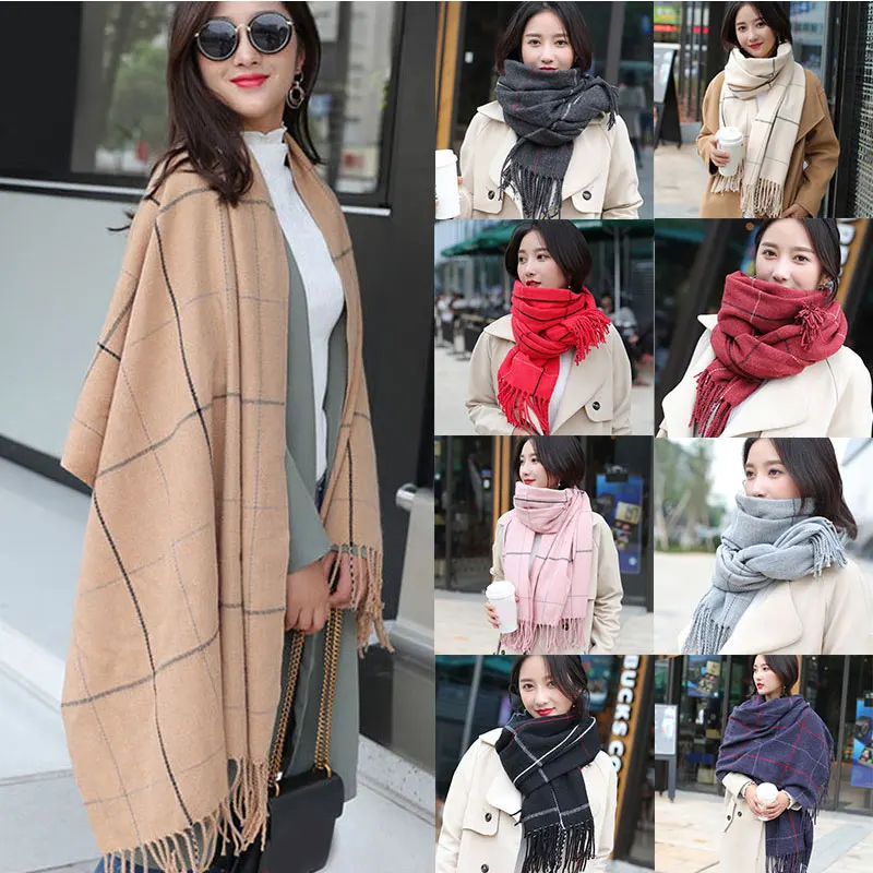 

Pashmina Hijabs Scarves Women Plaid Soft Thicken Lattices Long Shawl Imitation Cashmere Tassel Scarf Like Wraps Knitted Scarf