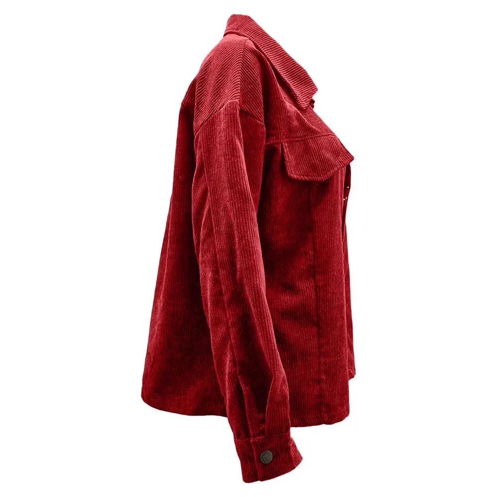 

Women Jacket Casual Corduroy Button Down Long Sleeve Loose Shirts Features Lapel Dropped Shoulder Front Button Closure