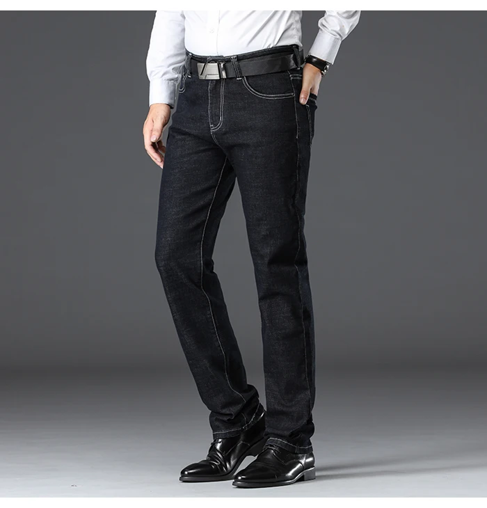 Осень зима новые мужские толстые бизнес стрейч джинсы классический стиль Брендовые прямые джинсовые брюки мужские брюки черный синий