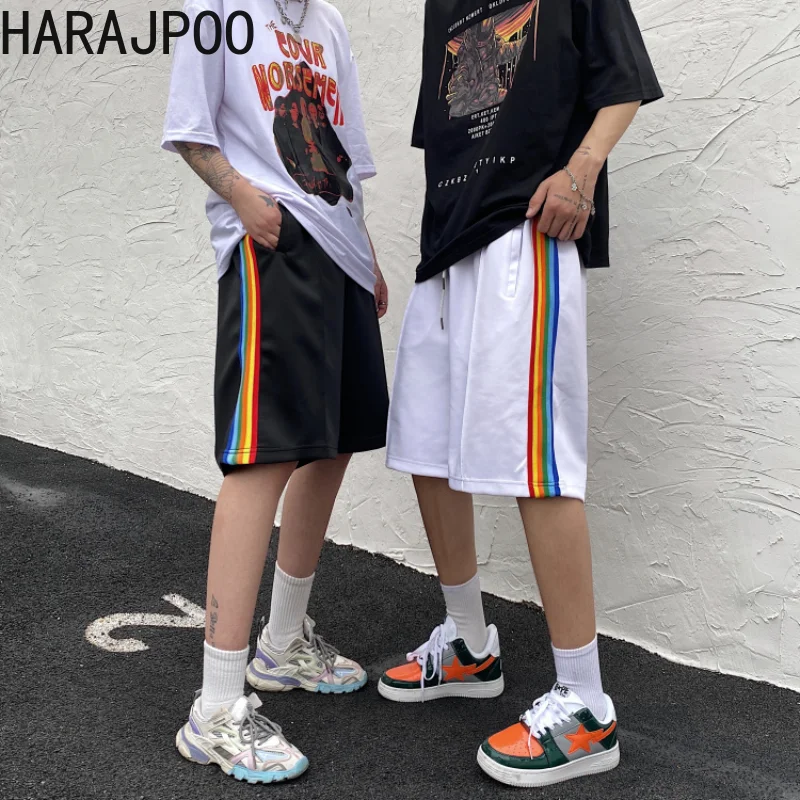 

Шорты Harajpoo женские спортивные в Корейском стиле, свободные прямые штаны в радужную полоску по бокам в стиле Ins, для пар, на лето