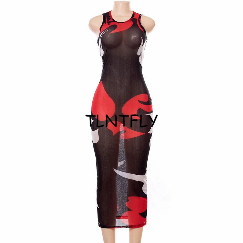 

Mesh See-Through Dress Tight Mid-Length Evening Dresses Sexy Print Round Neck Sleeveless Woman Summer Beach Club Bodycon Exposed