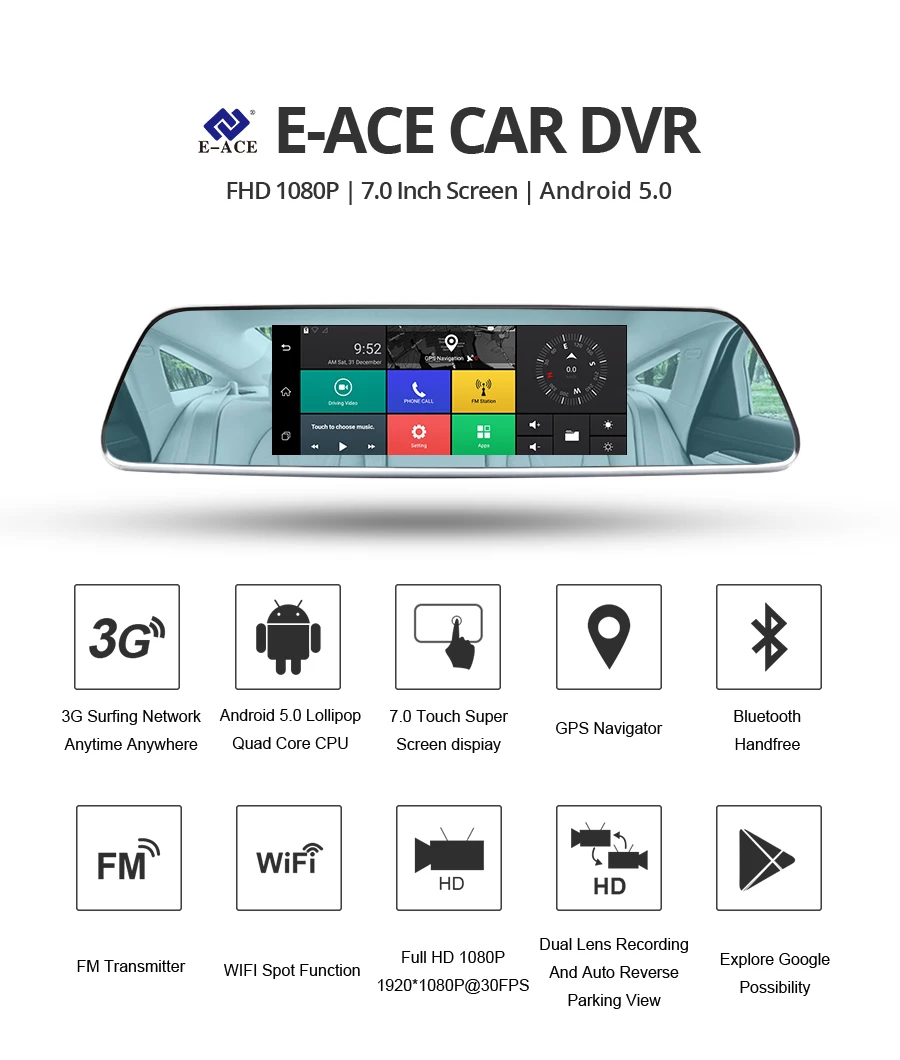 E-ACE Автомобильные видеорегистраторы " Сенсорное зеркало заднего вида 3g Android 5,0 камеры gps Bluetooth Handfree wifi FHD 1080P16G двойной объектив видео рекордер