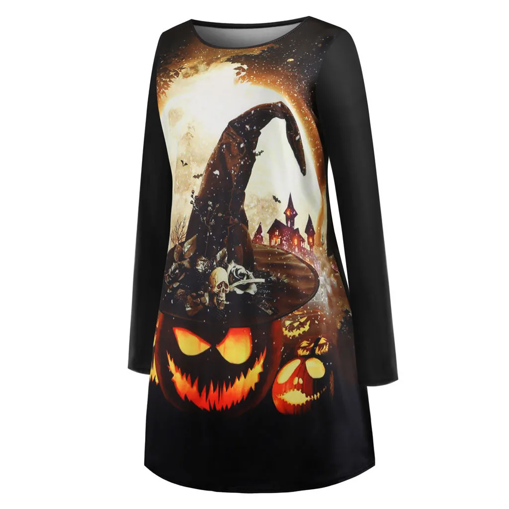 Женское винтажное платье с пышной юбкой черное длинным рукавом принтом тыквы