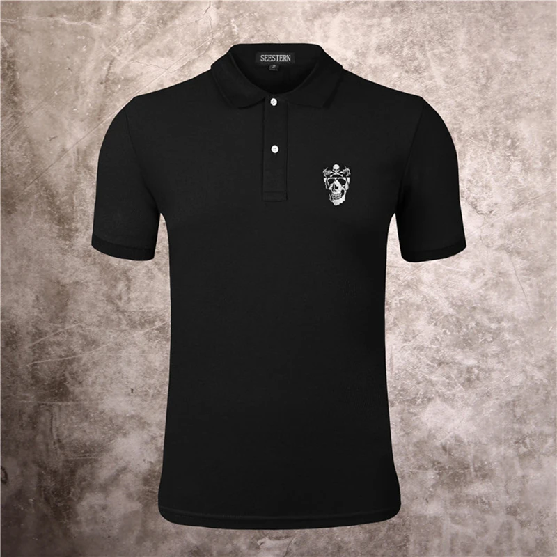 

Seestern brand men's polo shirt embroidered skull Fashion Classic Black Polos casual Lapel beading hip hop short sleeve tops tee