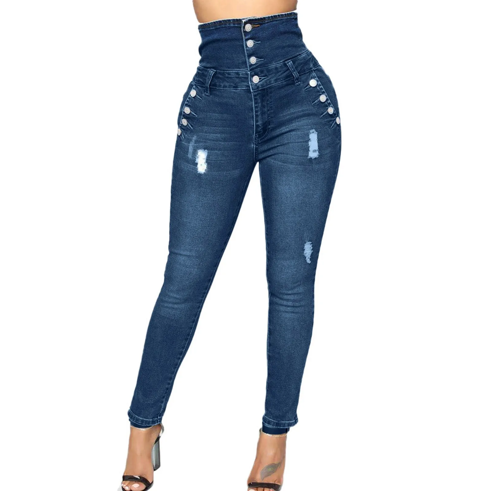 

Women High Waist Jeans Plus Size Skinny Denim Pants Four-breasted Ripped Stretch Slim Jeans Trousers