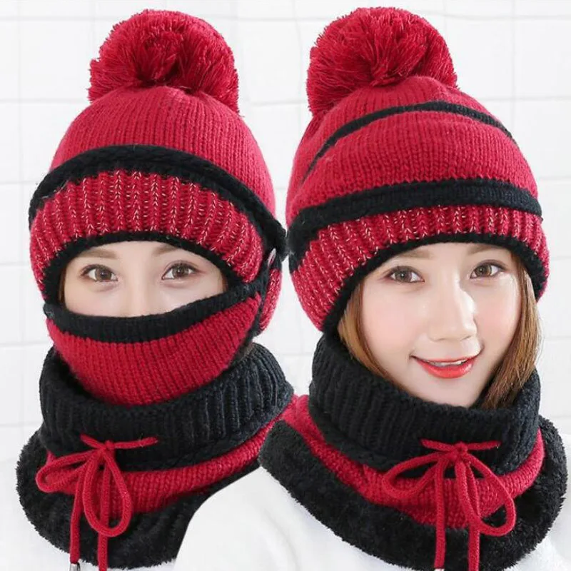 

Women's Winter Hat Mask Bib 3 Piece Set Velvet Thick Knitted Hat Warm Ear Protection Mixed Color Woolen Hat for Women Caps