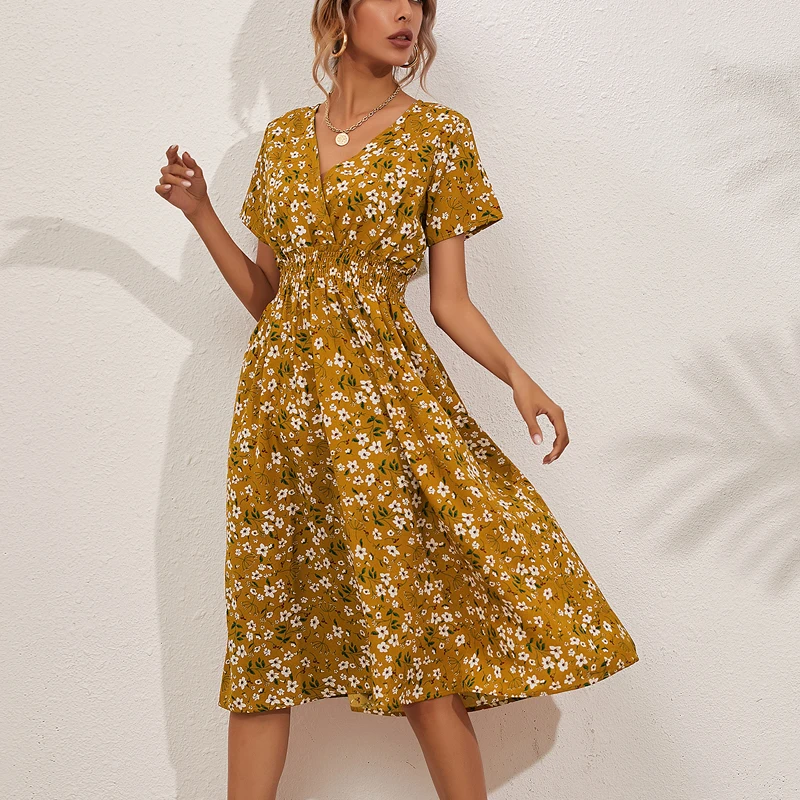 Новинка 2021 летнее пляжное платье с цветочным рисунком V-образным вырезом