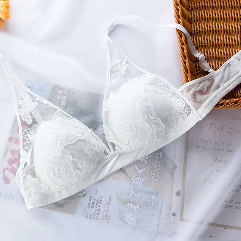 

Floral Embroidery Triangle 1/3 Cup Women Gathered Bra Adjustable Push Up Thin Bra Women Bralette