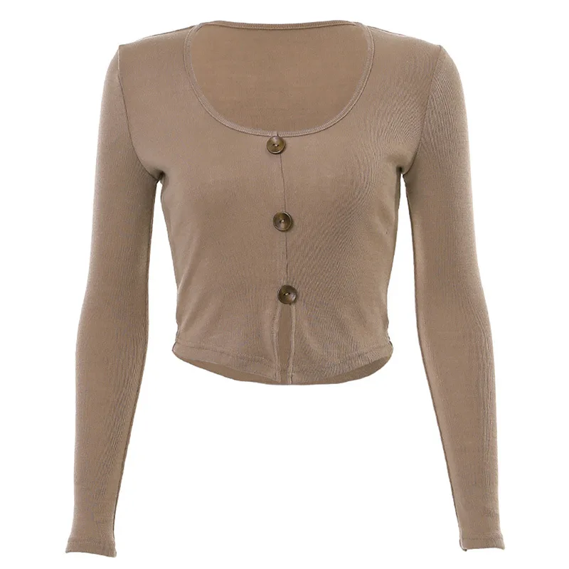 Streetwear Button Front Ribbed Knit U-Neck Single-breasted Crop Tee Autumn Lady Workwear Women Long Sleeve Short Tshirt Top Chic | Женская