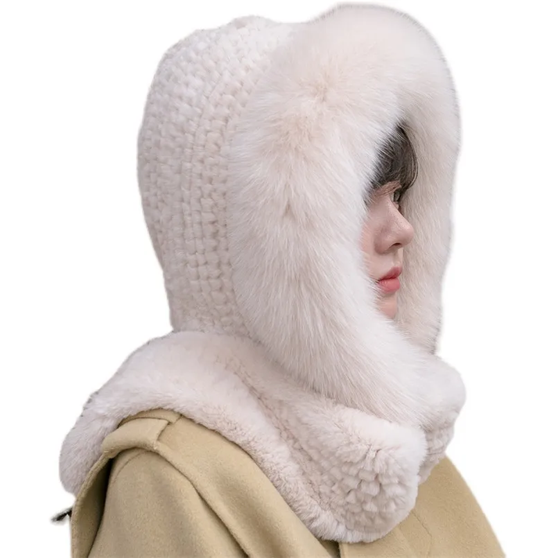 Winter Warm Women Hoodie Real Rex Rabbit Fur Hat with Fox fur Trim Long Scarf  with Earflap Snood Wraps