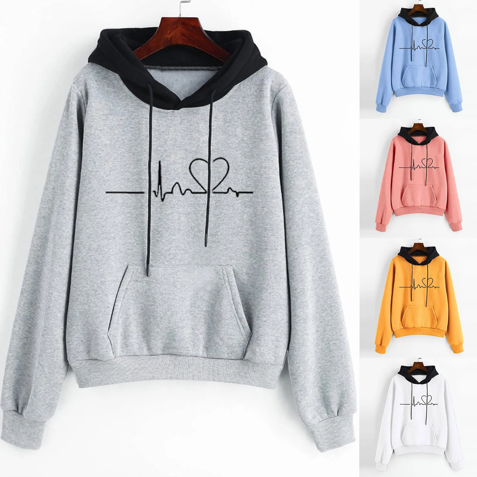 

Модные женские толстовки, повседневные толстовки с длинным рукавом, с принтом сердечек, с карманами, толстовки в стиле Харадзюку, пуловер, т...