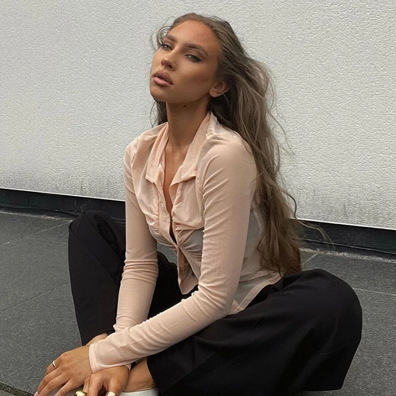 

CIBBAR Skinny Mesh Button Up T Shirt Women Solid Long Sleeve Turn-down Collar Sexy See Through Streetwear Female Blouse Clubwear