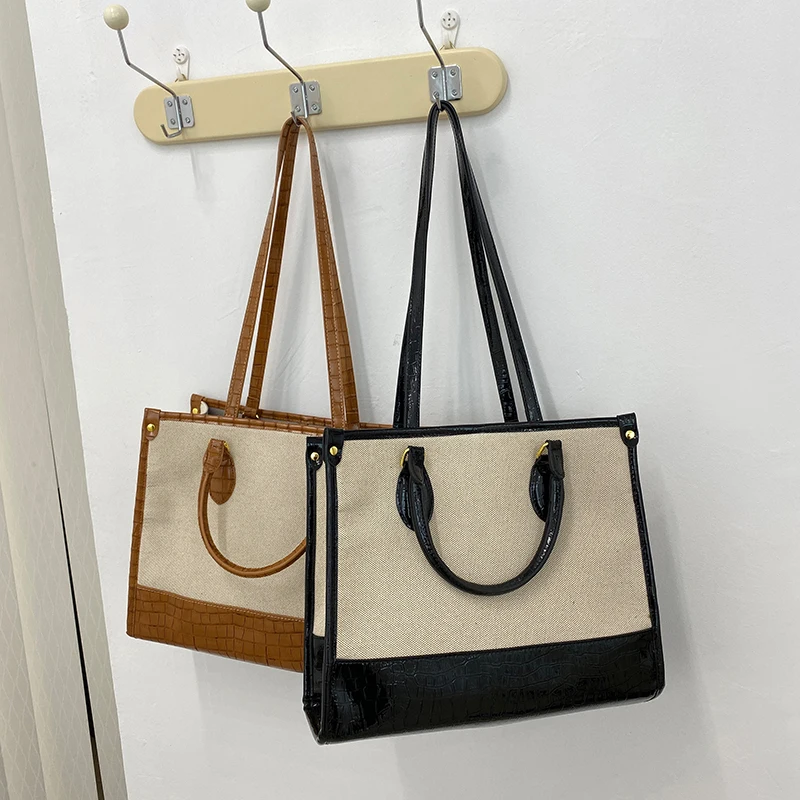 

Retro Contrast Canvas Tote Bag Women's Large Capacity Commuter Shopping Bag 2021 New Niche Leather Shoulder Bag Hand Bags