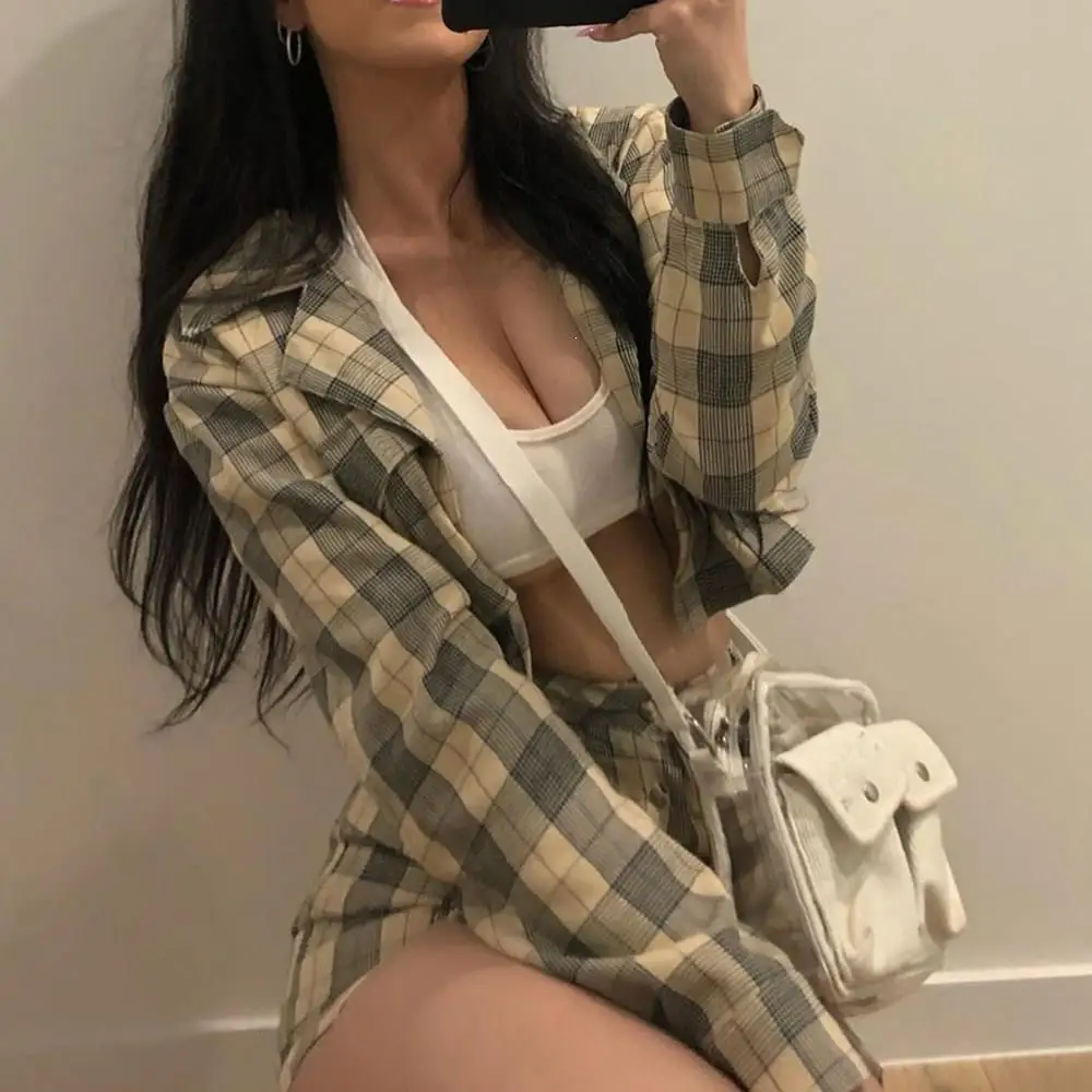 Women Fashion Plaid Blazer Skirt Suit Casual 2019 Autumn Winter Short Jacket Business Skirts Set Office Clothes | Женская одежда