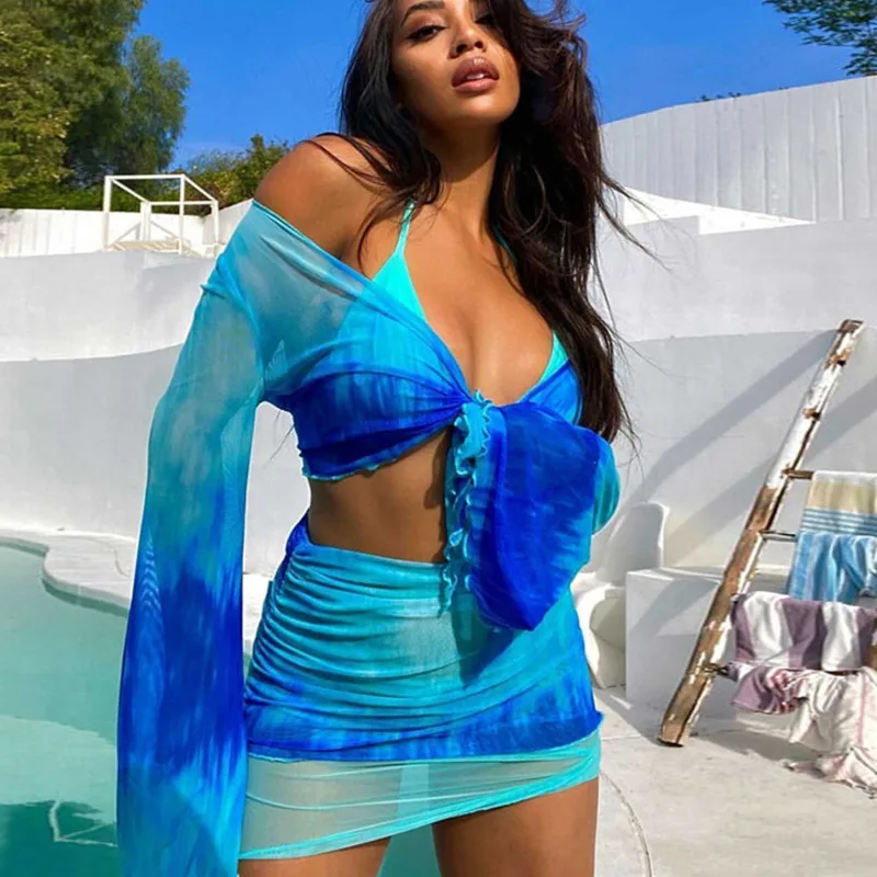 

YICIYA Tie Dye Beach Sexy Dress Women Two Piece Set Club Outfits Long Sleeve Crop Tops And Mini Skirts Bodycon Summer Dress 2021