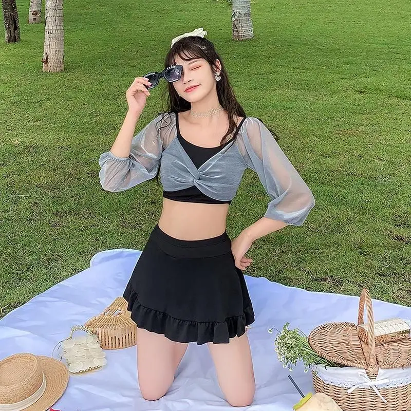 

Two Piece Swimming Suit For Women 2021 New Separate Bikini Swimsuit Ladies Hot Spring Beach Korean Fairy Long-Sleeved Swimwear