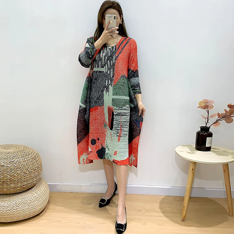 Miyake pleated high-end plus size women dress 2021 summer new style print slimming retro mid-length loose dress for women