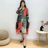 issey miyake pleated high end plus size women dress 2021 summer new style print slimming retro mid length loose dress for women