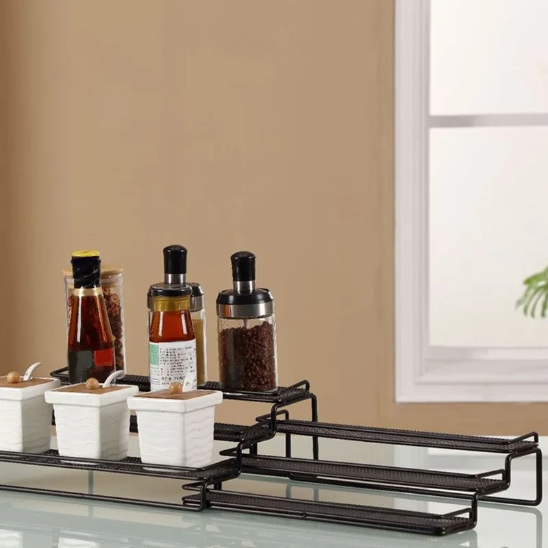 

3-Tier Expandable Spice Rack for Cabinet & Pantry, Adjustable Kitchen Countertop Storage Organizer, Jars Step Shelf
