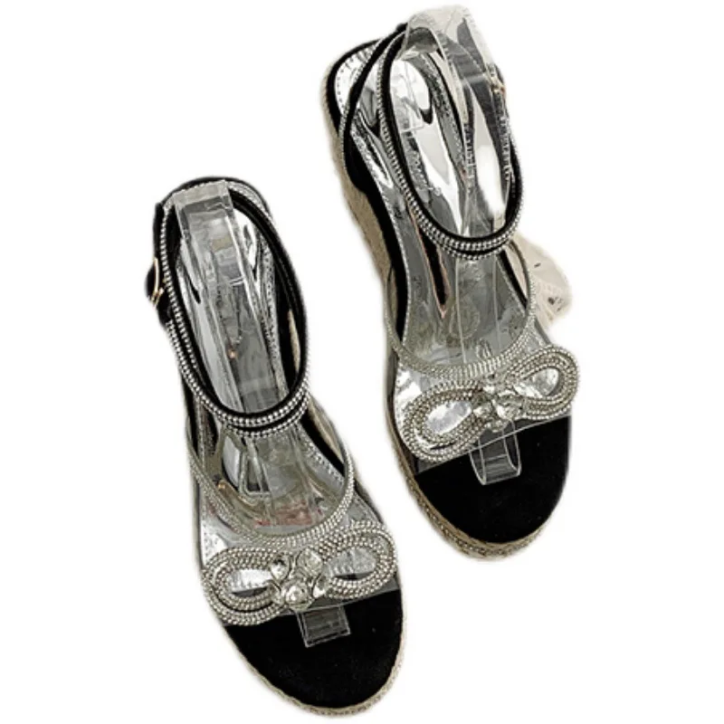 

Clogs Wedge Velvet Shoes 2021 Sandals Buckle Strap Suit Female Beige Summer Heels Platform Suede New Bow Fashion Black Low Girls