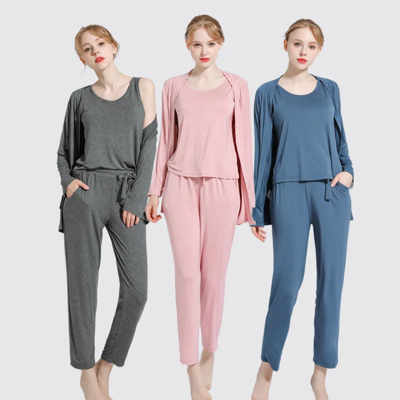 

Spring Summer New Arrival Pajamas Three-Piece Female Modal Long-Sleeved Vest Thin Section Outer Wear Casual Home Service Suit