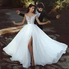 Свадебное платье suknia slubna, шифоновое кружевное пикантное платье невесты с разрезом и аппликацией, с коротким рукавом, с высоким Боковым Разрезом, лето 2020