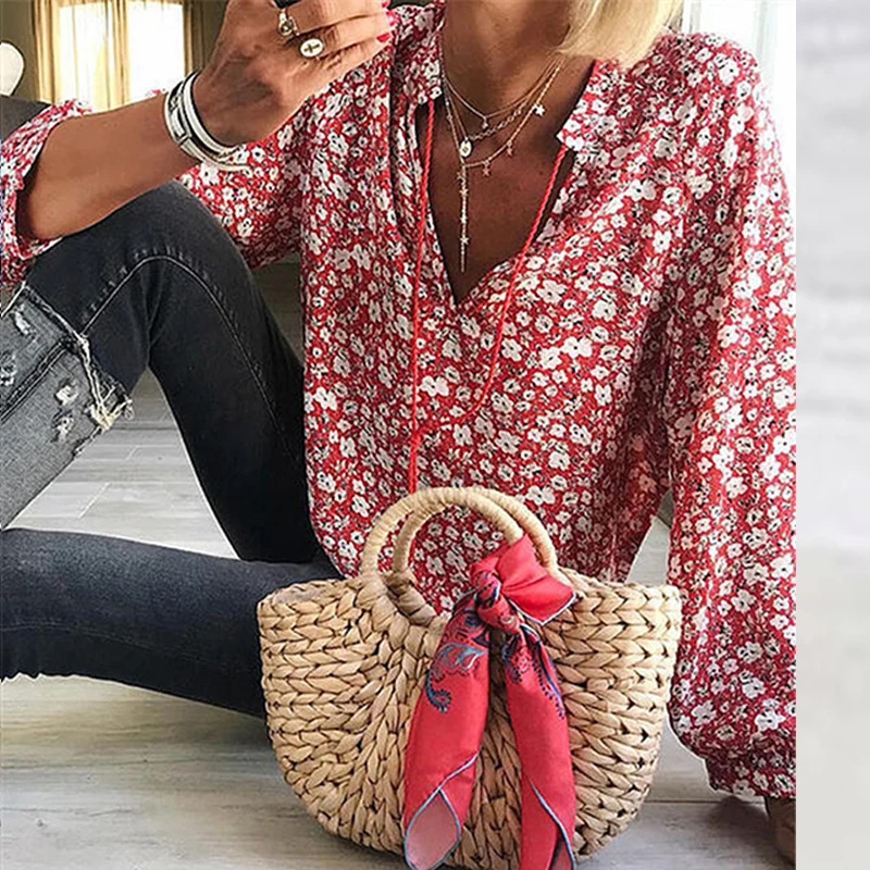 

2022 Summer Loose Casual Shirts Vintage Floral Print Pullover Tops Spring Fashion Office Lady Long Sleeve Shirt Streetwear 3XL
