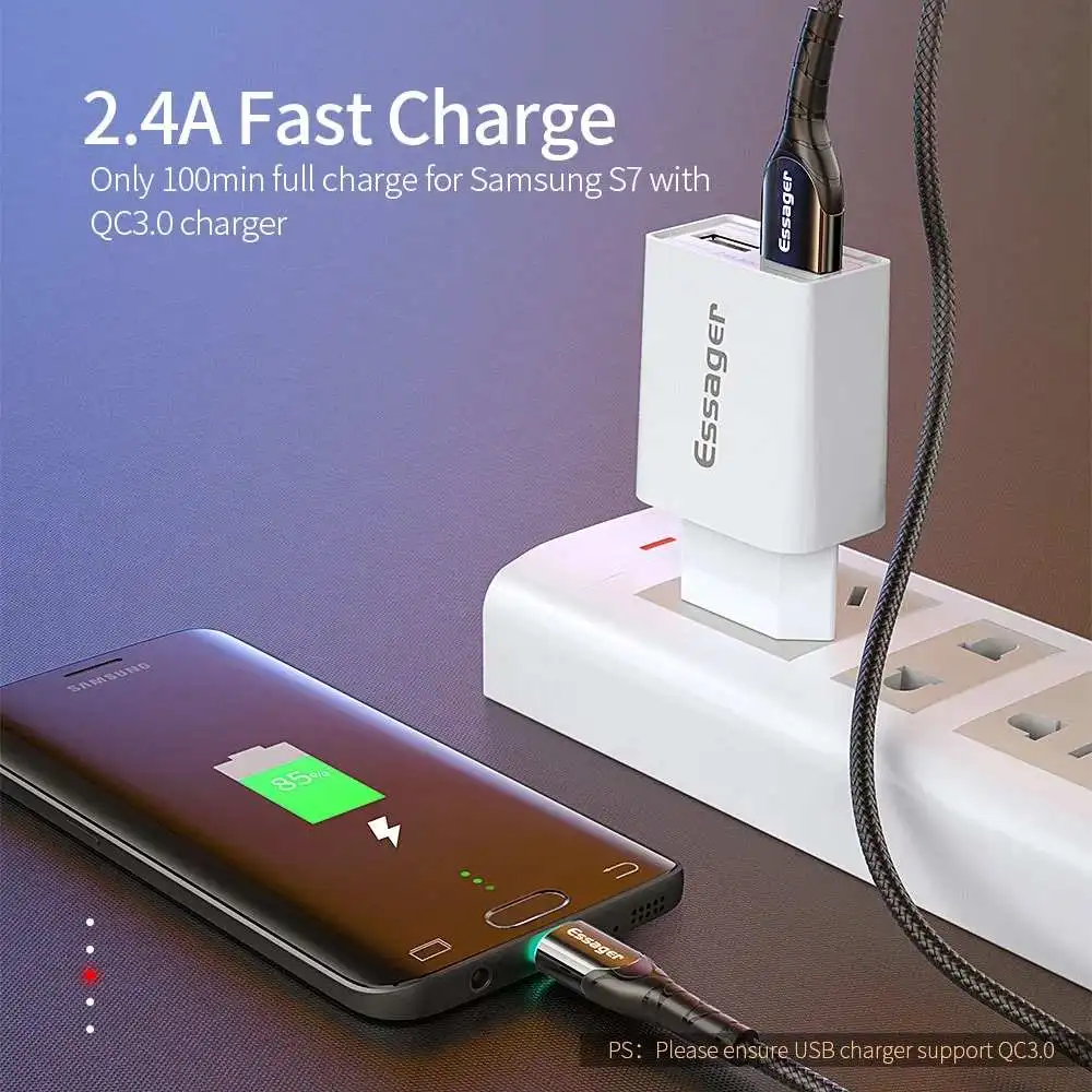 Essager Micro USB кабель со светодиодный кабель для быстрой зарядки данных Кабель зарядного устройства микро-usb для samsung Xiaomi Android мобильного телефона