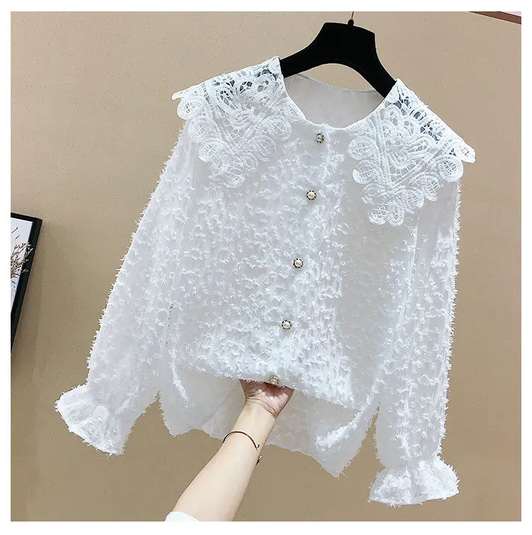 Кружевная Свободная белая рубашка с длинным рукавом и кукольным воротником