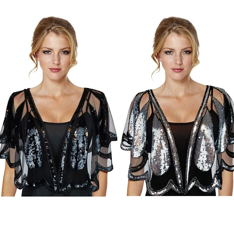 1black-1silver shawl Женская винтажная шаль 1920 s, расшитое бисером и блестками болеро, Хлопушка, вечерняя накидка - Цвет: 1black-1silver shawl