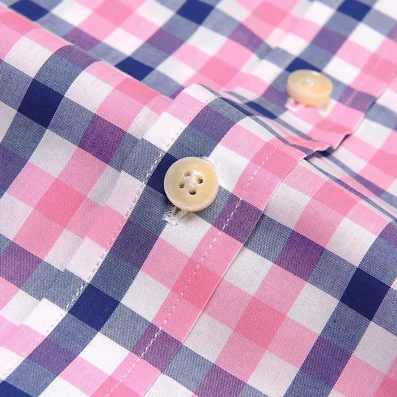 

England Style Plaid Checked Cotton Men Shirts Pocket-less Design Short Sleeve Summer Casual Standard-fit Button-down Thin Shirt