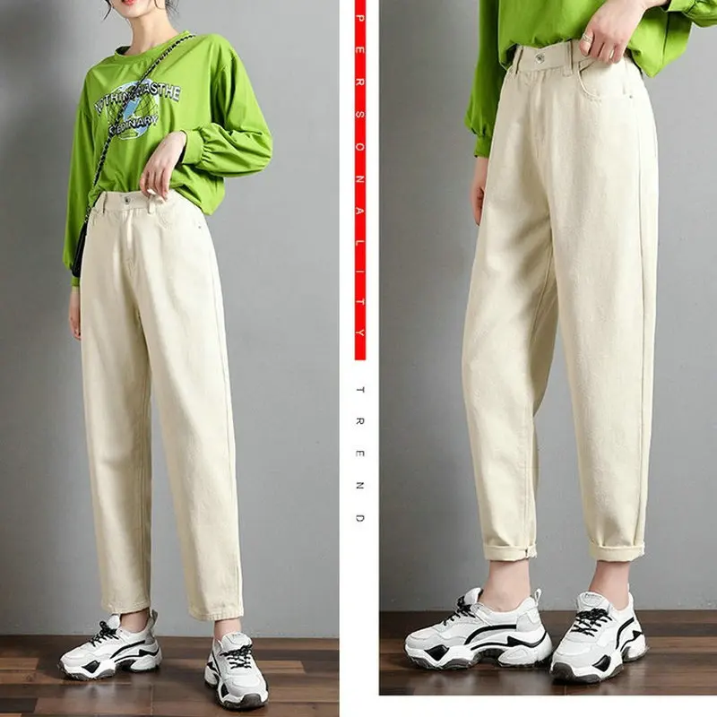 

Elastic Waist High Waist Jeans Harem Ankle-Length Pants Korean Fashion Trousers for Female Casual Large Size Jeans