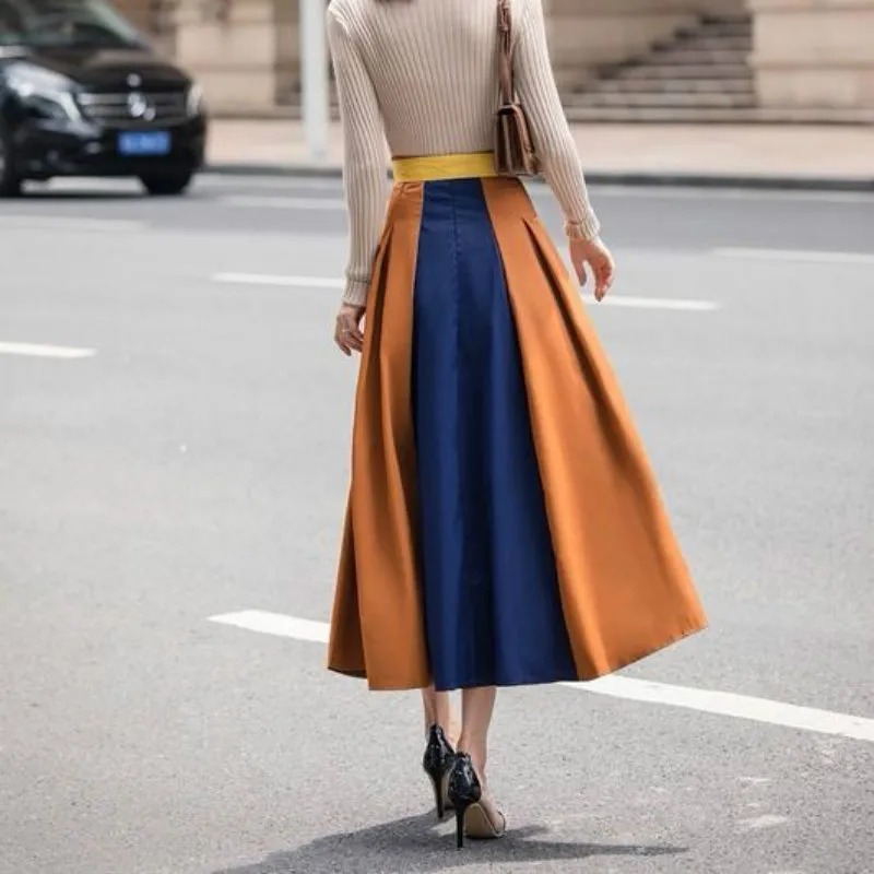 

2021 Autumn Skirts Women Korean Fashion Solid Color Big Swing Ladies Skirt Long Skirt Wild High Waist Bow Slim Skirts Y232