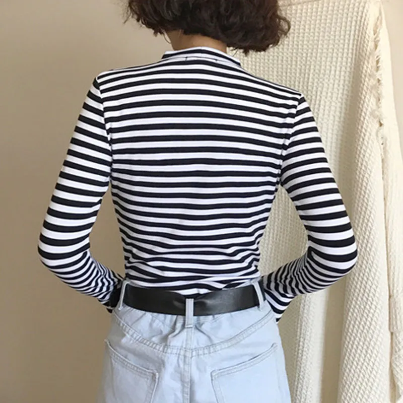 

Black White Striped Women's T-Shirts Long Sleeve O-neck Korean Woman tshirtss 2020 Spring Autumn New Fashion Slim Female Tops