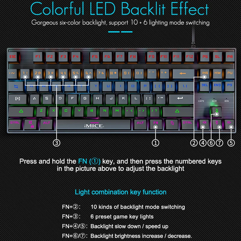 Фото Механическая игровая клавиатура Imice, проводная металлическая подсветка, RGB электронная соревнование еды курицы, зеленая ось, 87 клавиш, водон... №3