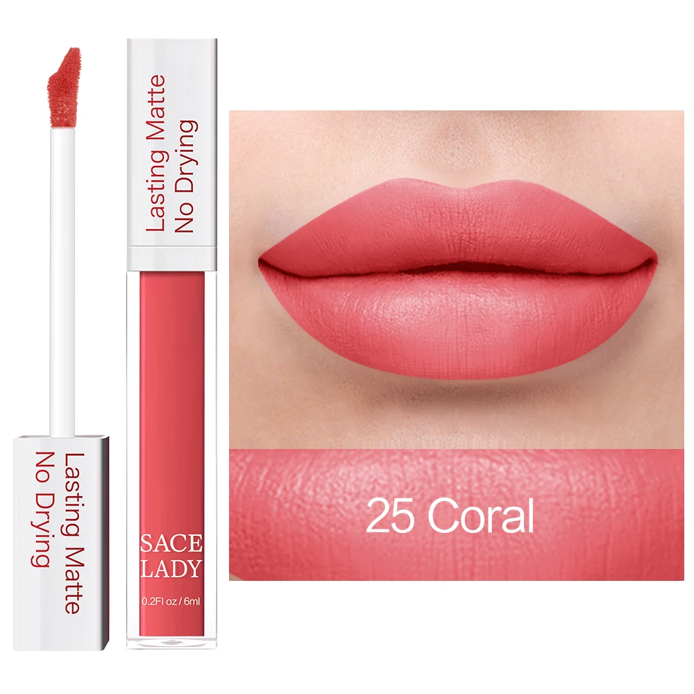 25 Coral SACE LADY стойкая губная помада, макияж, Матовая жидкая губная помада, не высыхающая, макияж, телесный, красный, пигмент, водостойкая, 23 Цвета, косметика - Цвет: 25 Coral