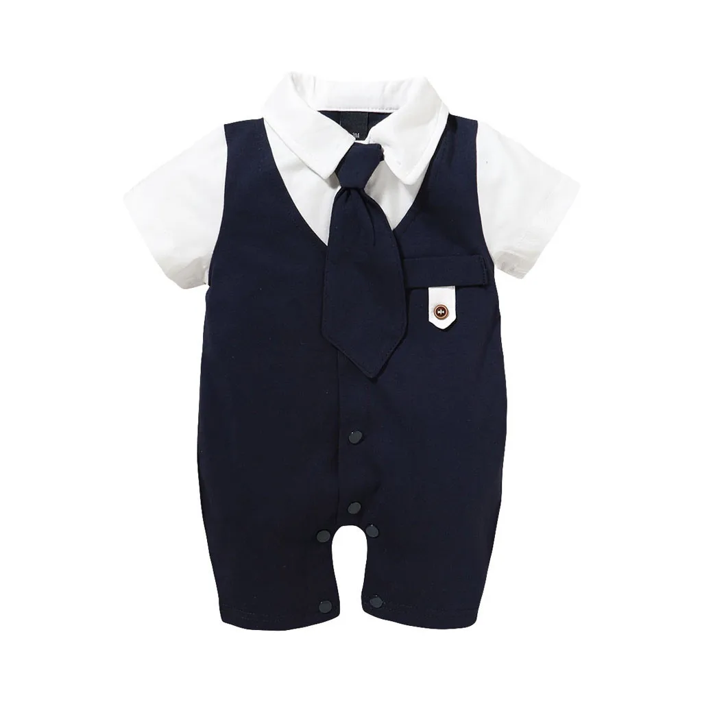 Newborn Infant Baby Boys Clothes Solid Gentleman Tie Romper Jumpsuit Outfits Clothing Short Sleeve T-shirt #C |