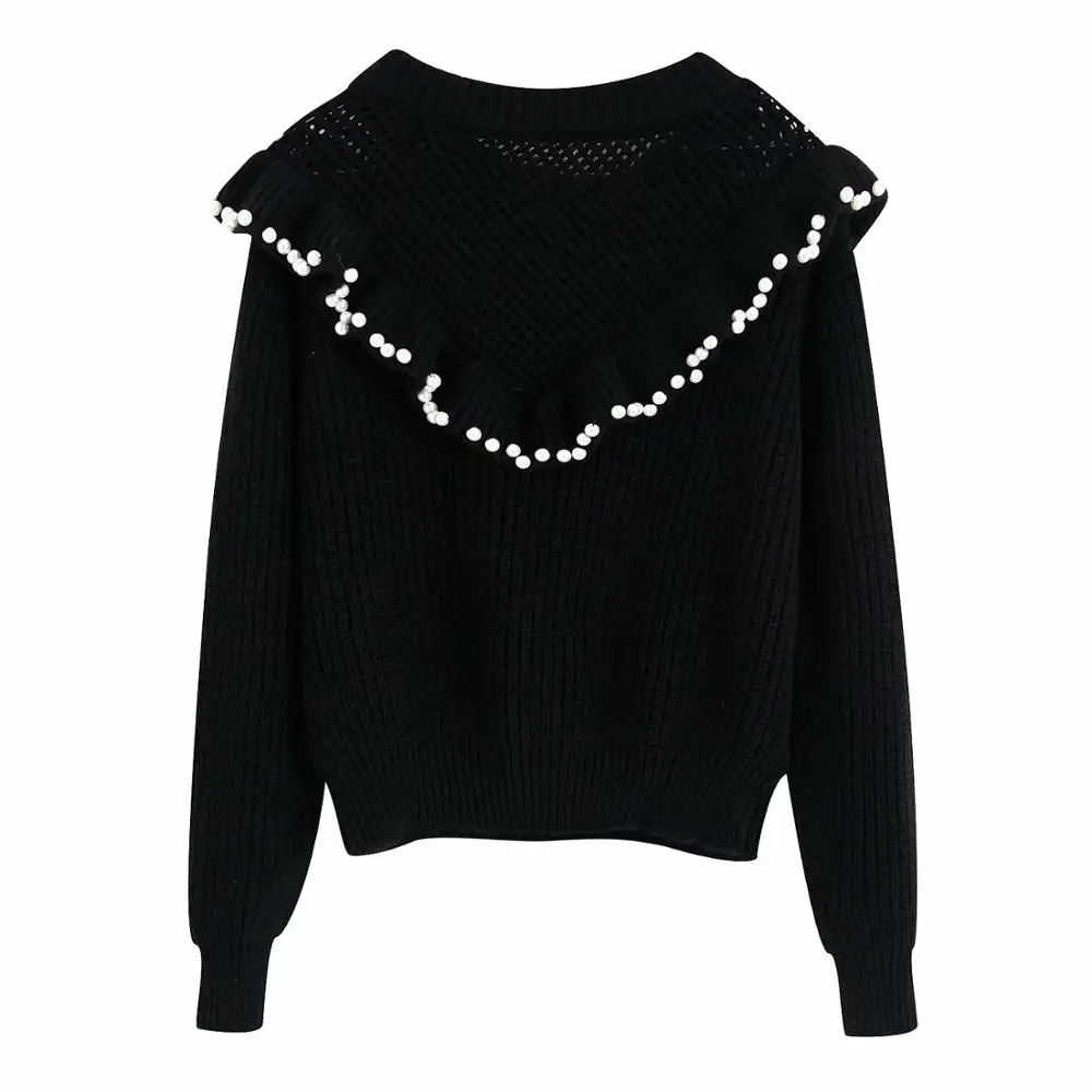 CFK женские зимние свитера с круглым вырезом Рюшами Длинный рукав бисером вязаные