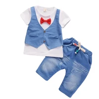 summer wear childrens clothing new boy fake two bow tie vest t shirt shorts two piece set