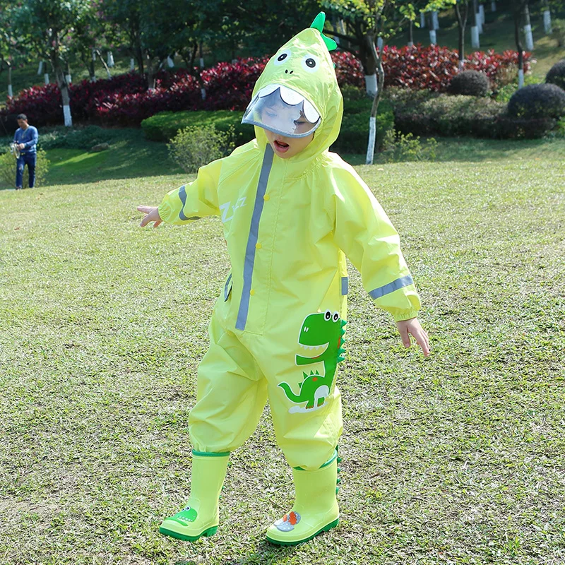 Chubasquero para Ni&ntilde;o y Ni&ntilde;a de 1 a 10 A&ntilde;os, Mono Impermeable de Una Pieza con Capucha y Estampado de Dibujos de Dinosaurio, Ropa de Lluvia y Pantalones-3