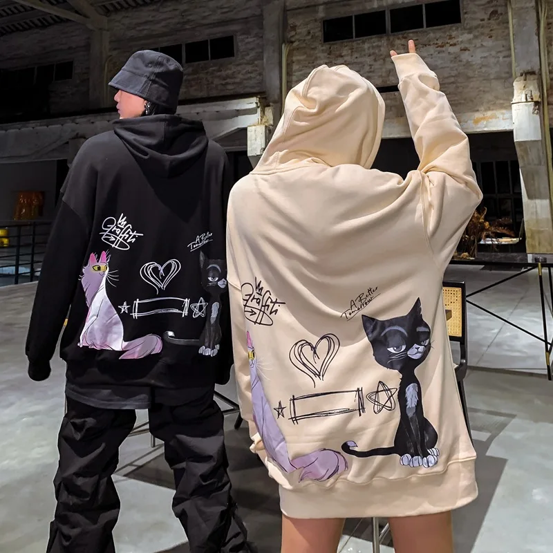 

Fashion Couple Clothes Black and White Cats Cartoon Print Hooded Sweatshirts Hoodie Men Women Loose Casual Pullover Tops Coats