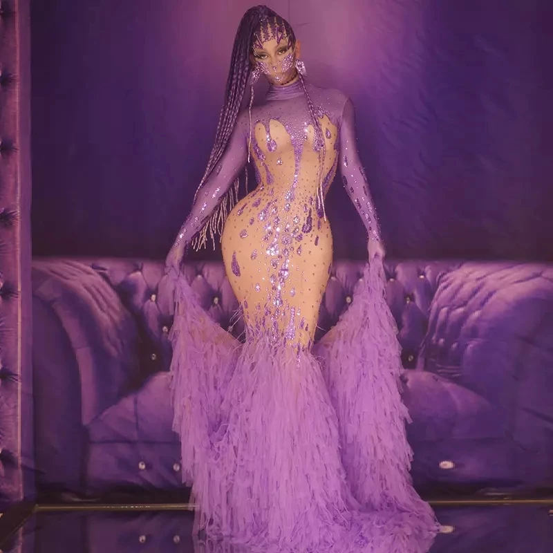 

Elegant Shiny Rhinestone Tail Long Dress Crystal Mesh Floor-length Women Singer Dancer Host Outfit Birthday Party Stage Costume