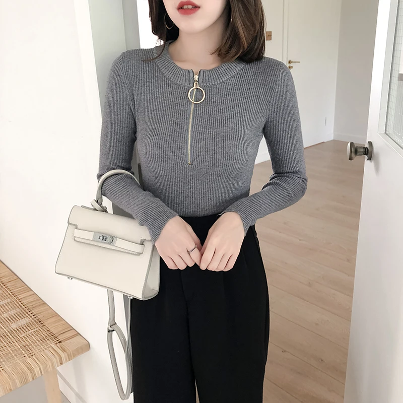 Solid Elastic Winter Coat Women Autumn New Korean Slim Ring Half Zipper High Elasticity Bust Sweater Turtleneck Shirt Female | Женская